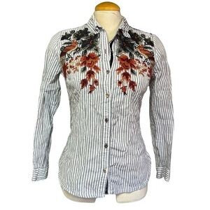 Johnny Was Ferris Floral-Embroidered Striped Shirt Women's Small | Blue & White